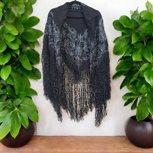 Vintage Mary McFadden Black Handkerchief with Tassels and Embroidery Size 40x40